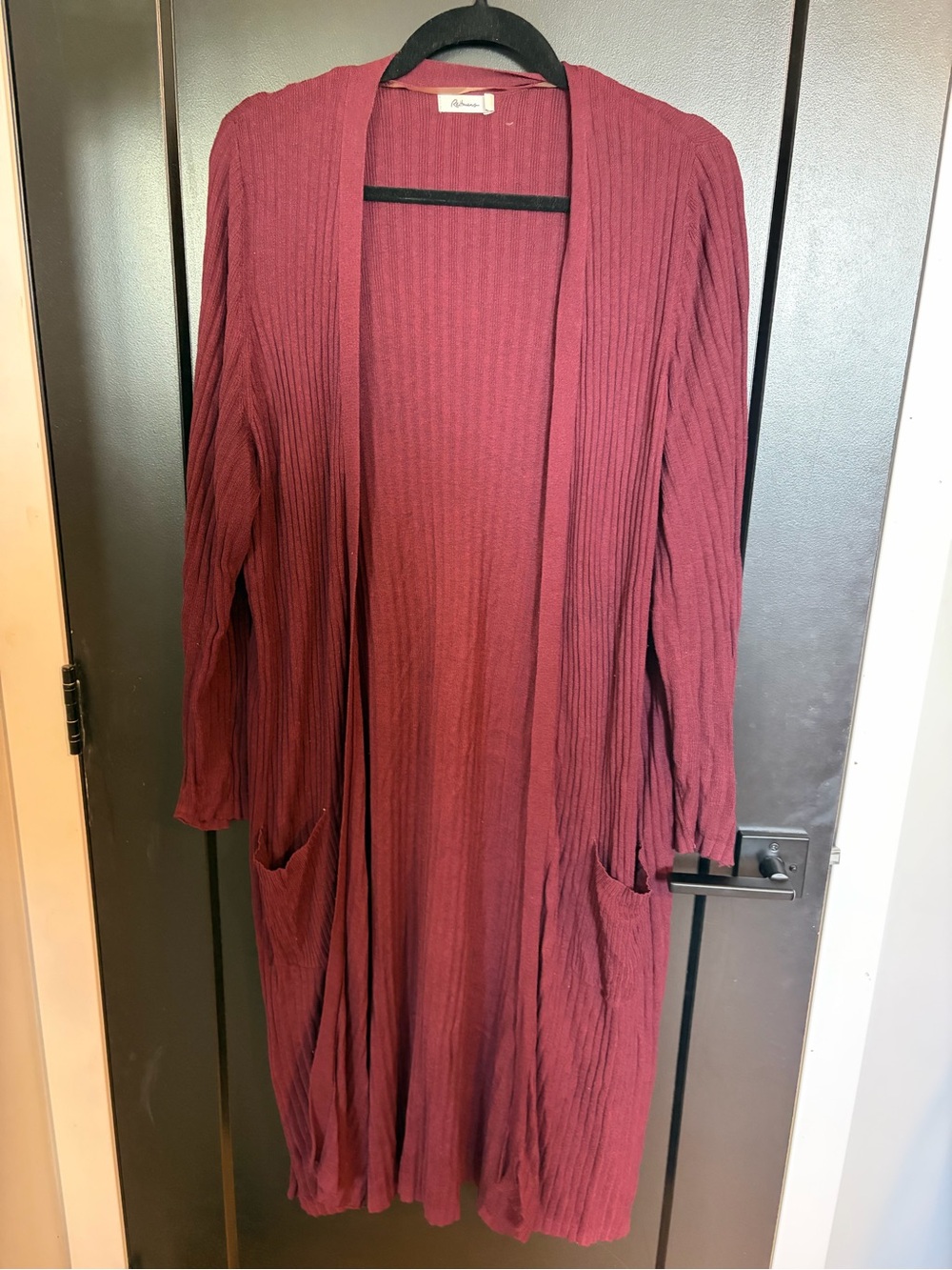 Long Ribbed Open Cardigan in Deep Wine/Plum